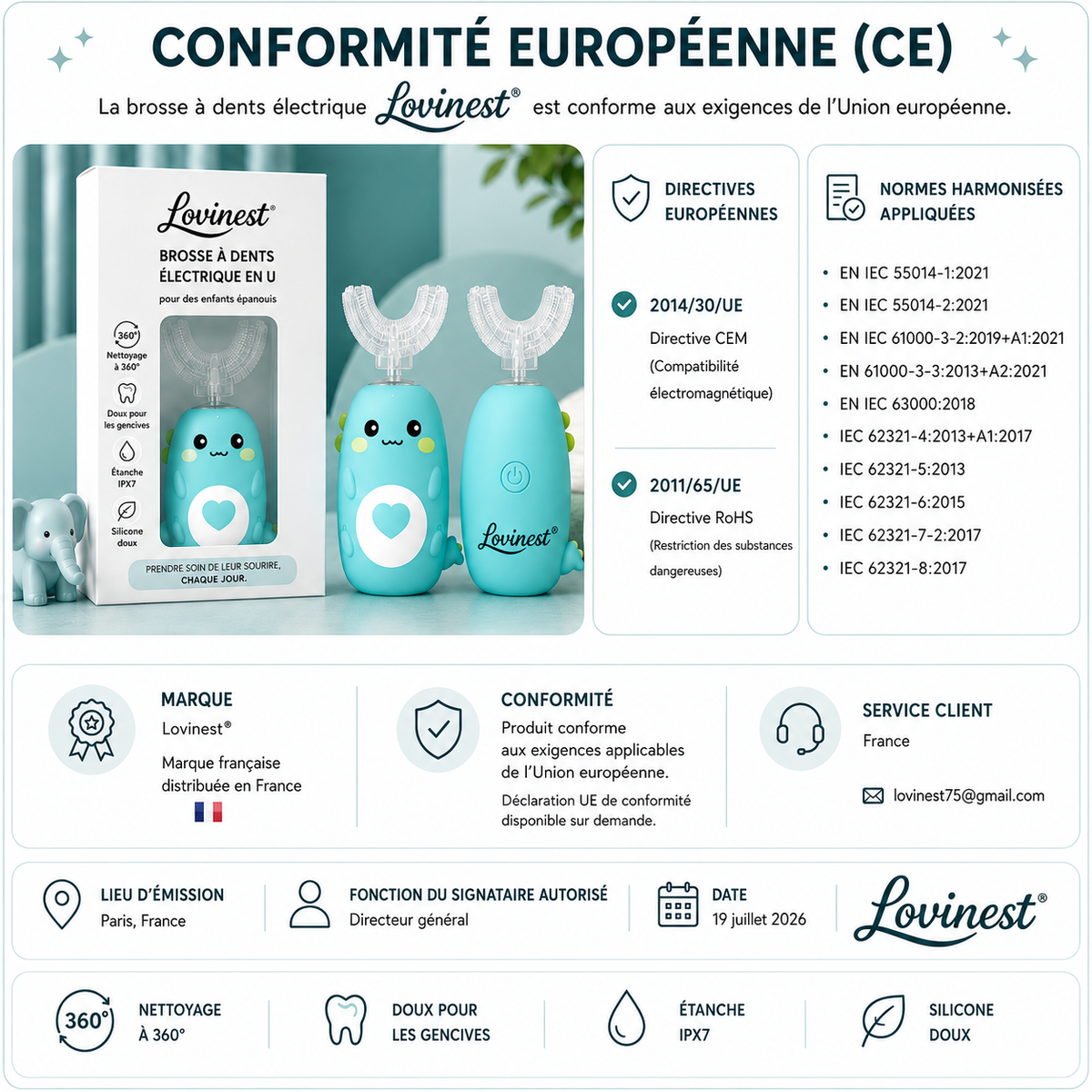 Brosse à dents électrique 360° enfant – dinosaure bleu