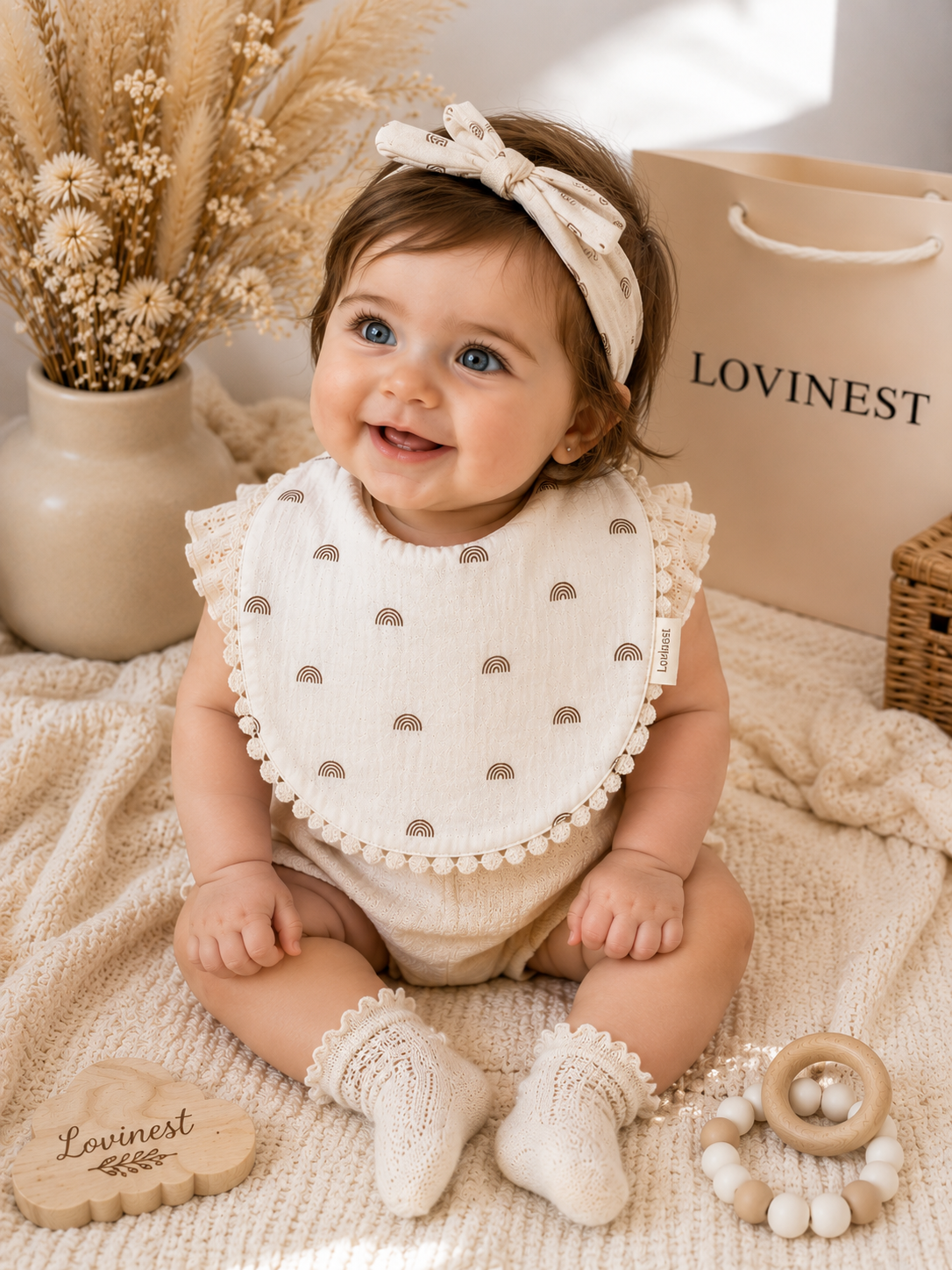 Bavoir bébé écru motif arc-en-ciel & bandeau assorti -Lovinest
