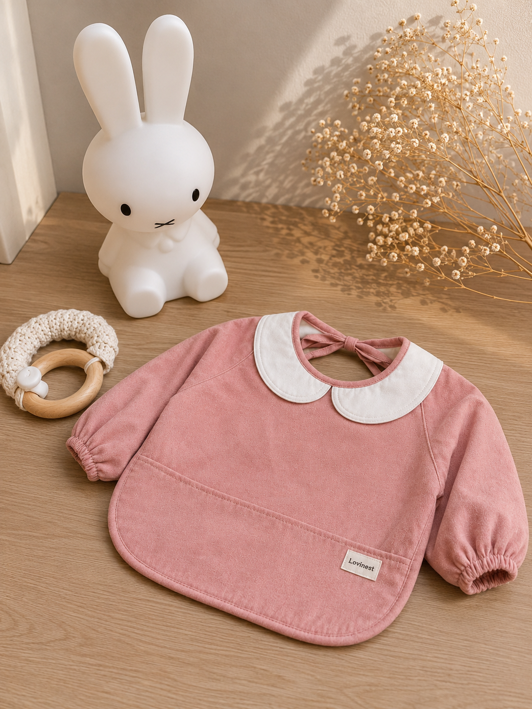 Bavoir bébé imperméable manches longues – Col Claudine rose