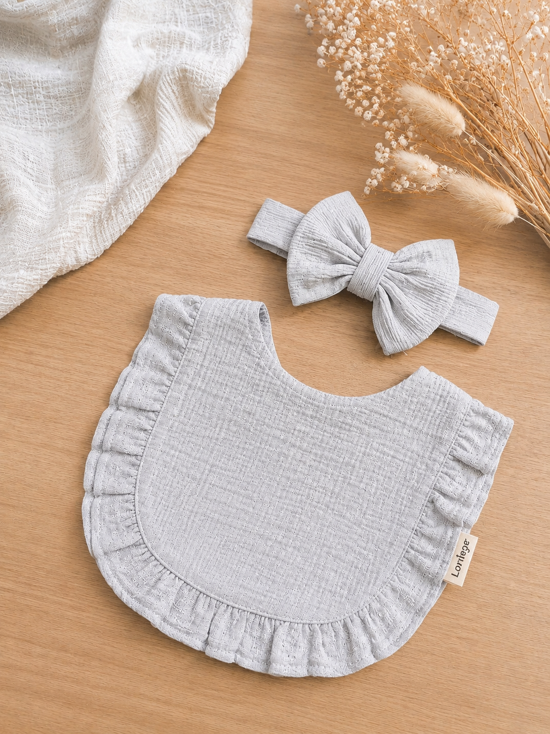 Bavoir bébé gaze de coton gris – bandeau nœud assorti