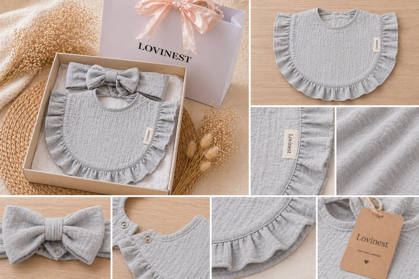 Bavoir bébé gaze de coton gris – bandeau nœud assorti