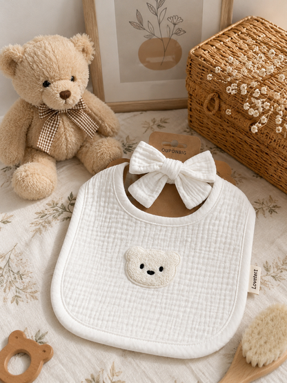 Bavoir bébé gaze de coton blanc ourson – bandeau assorti