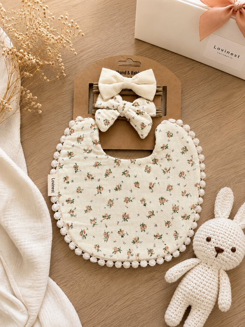 Bavoir bébé gaze de coton à motif floral délicat– bandeau nœud assorti