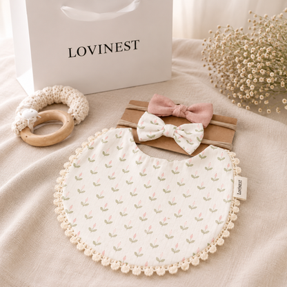 Bavoir bébé blanc et tulipes & bandeau noeud assorti-Lovinest
