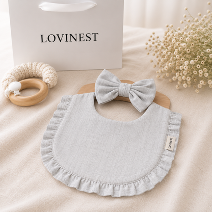 Bavoir bébé gaze de coton gris – bandeau nœud assorti