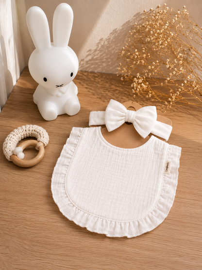 Bavoir bébé gaze de coton blanc – bandeau nœud assorti