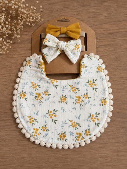 Bavoir bébé gaze de coton fleurs jaunes – bandeau nœud assorti