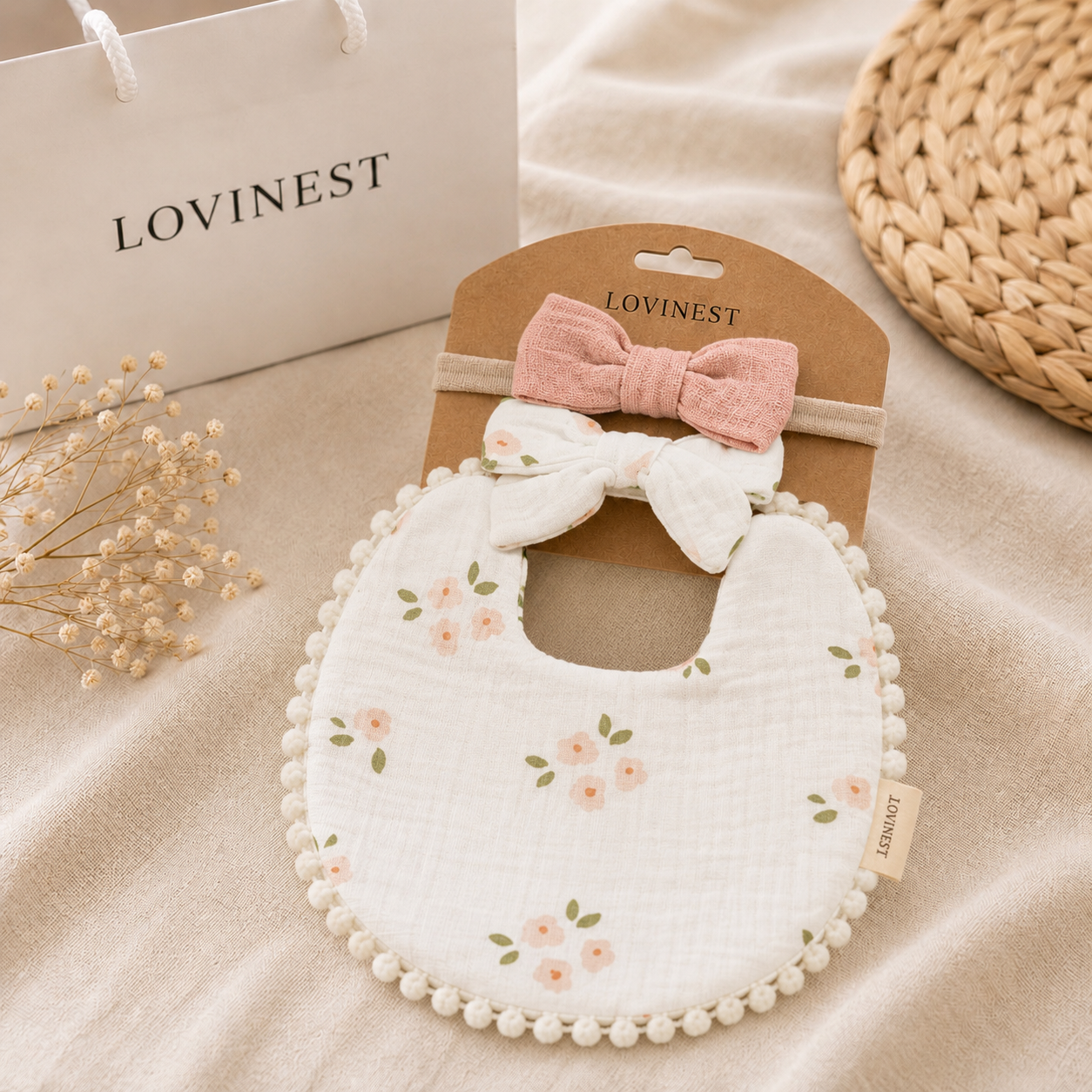 Bavoir bébé gaze de coton fleurs roses – bandeau assorti