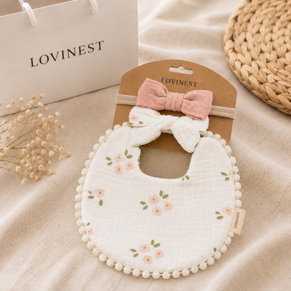 Bavoir bébé gaze de coton fleurs roses – bandeau assorti