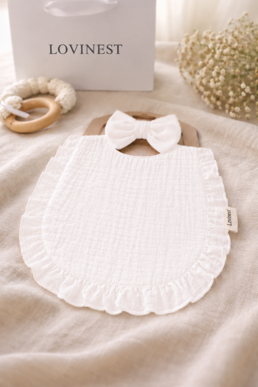 Bavoir bébé blanc gaze de coton & bandeau noeud assorti -Lovinest