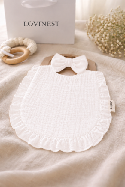 Bavoir bébé blanc gaze de coton & bandeau noeud assorti -Lovinest