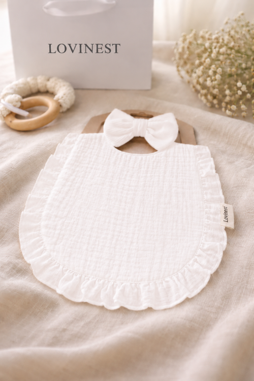 Bavoir bébé blanc gaze de coton & bandeau noeud assorti -Lovinest