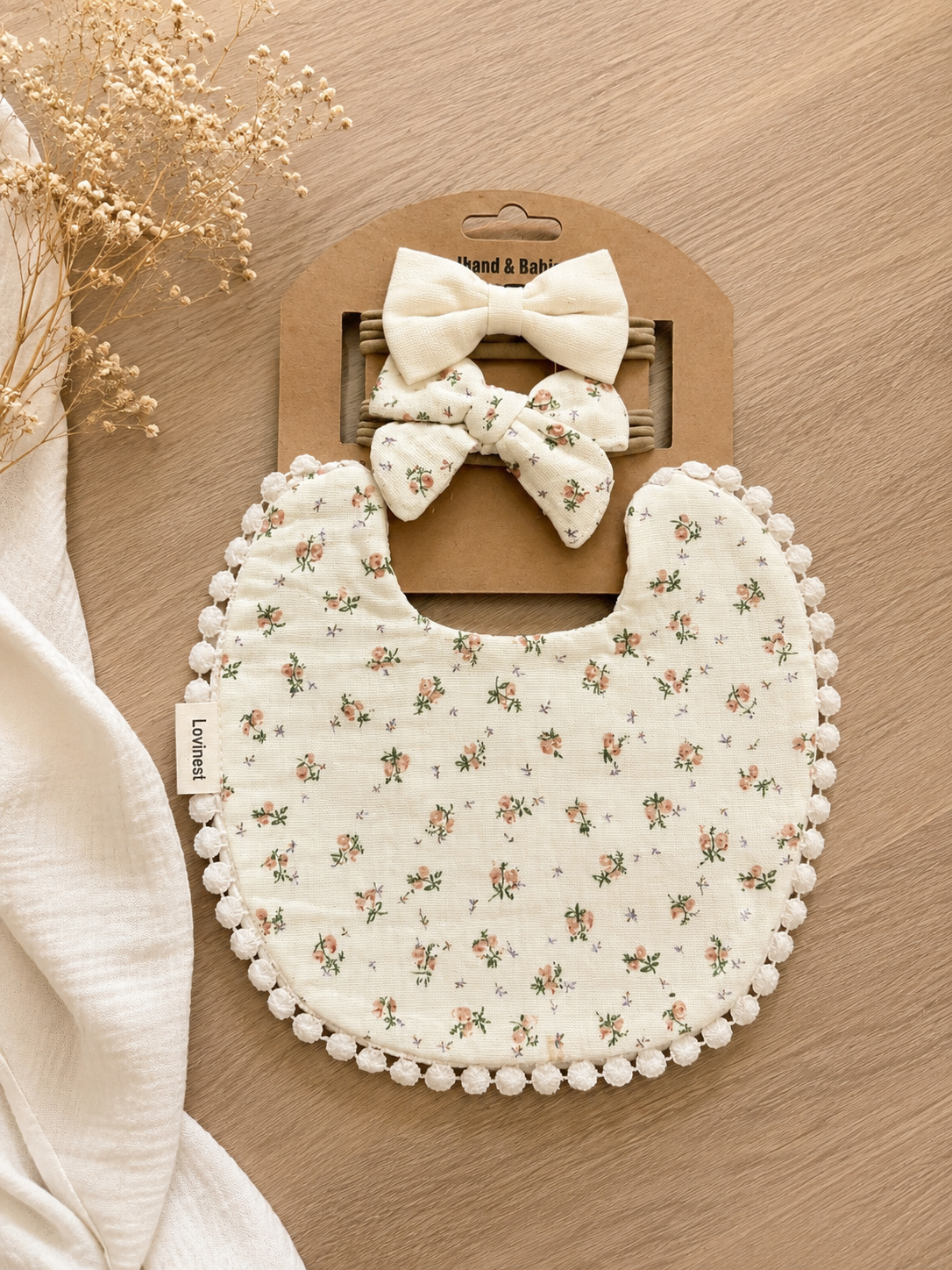 Bavoir bébé gaze de coton à motif floral délicat– bandeau nœud assorti