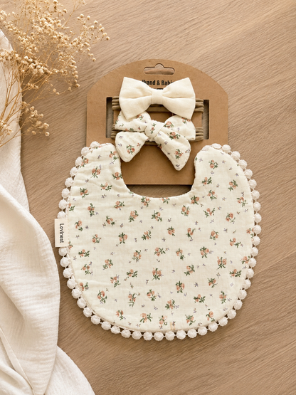 Bavoir bébé gaze de coton à motif floral délicat– bandeau nœud assorti