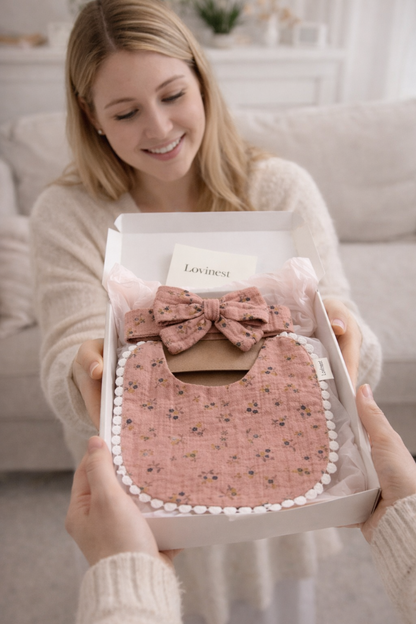Bavoir bébé terracotta petites fleurs & bandeau assorti -Lovinest