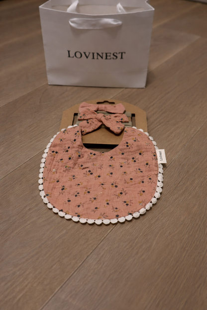 Bavoir bébé terracotta petites fleurs & bandeau assorti -Lovinest