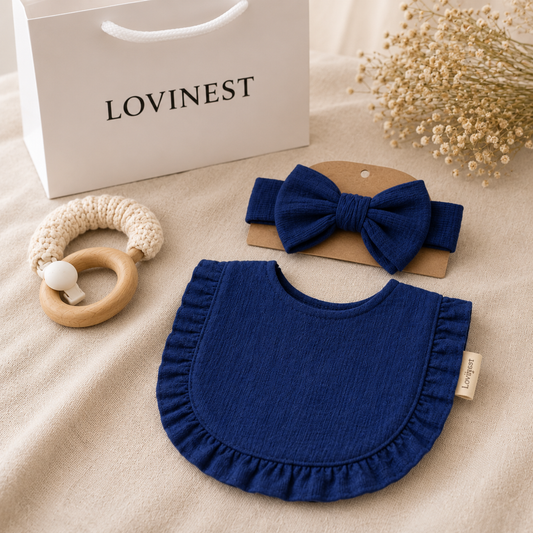 Bavoir bébé Blue marine gaze de coton & bandeau assorti -Lovinest