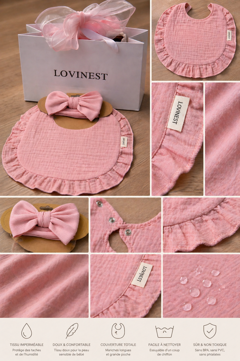 Bavoir bébé rose gaze de coton & bandeau noeud assorti -Lovinest