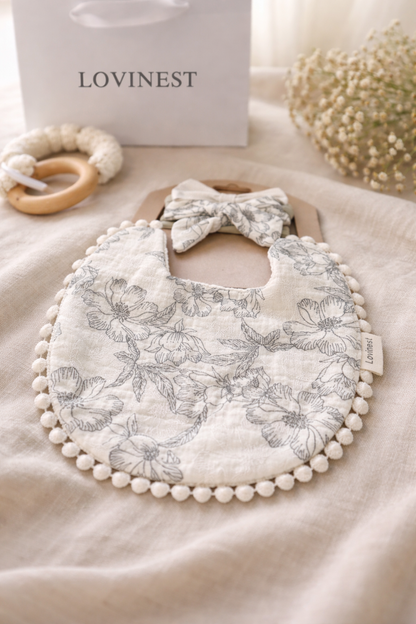 Bavoir bébé blanc motif floral gris & bandeau assorti -Lovinest