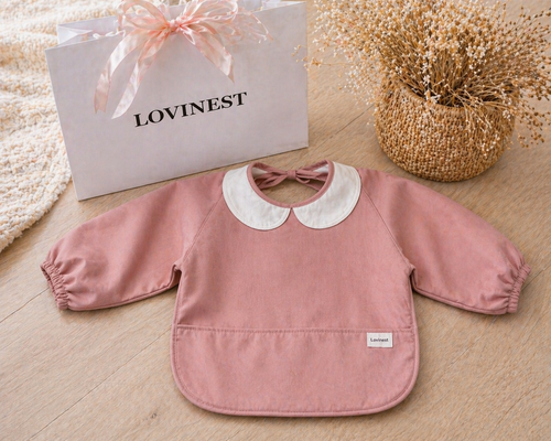 Bavoir bébé manches longues imperméable rose col claudine Lovinest