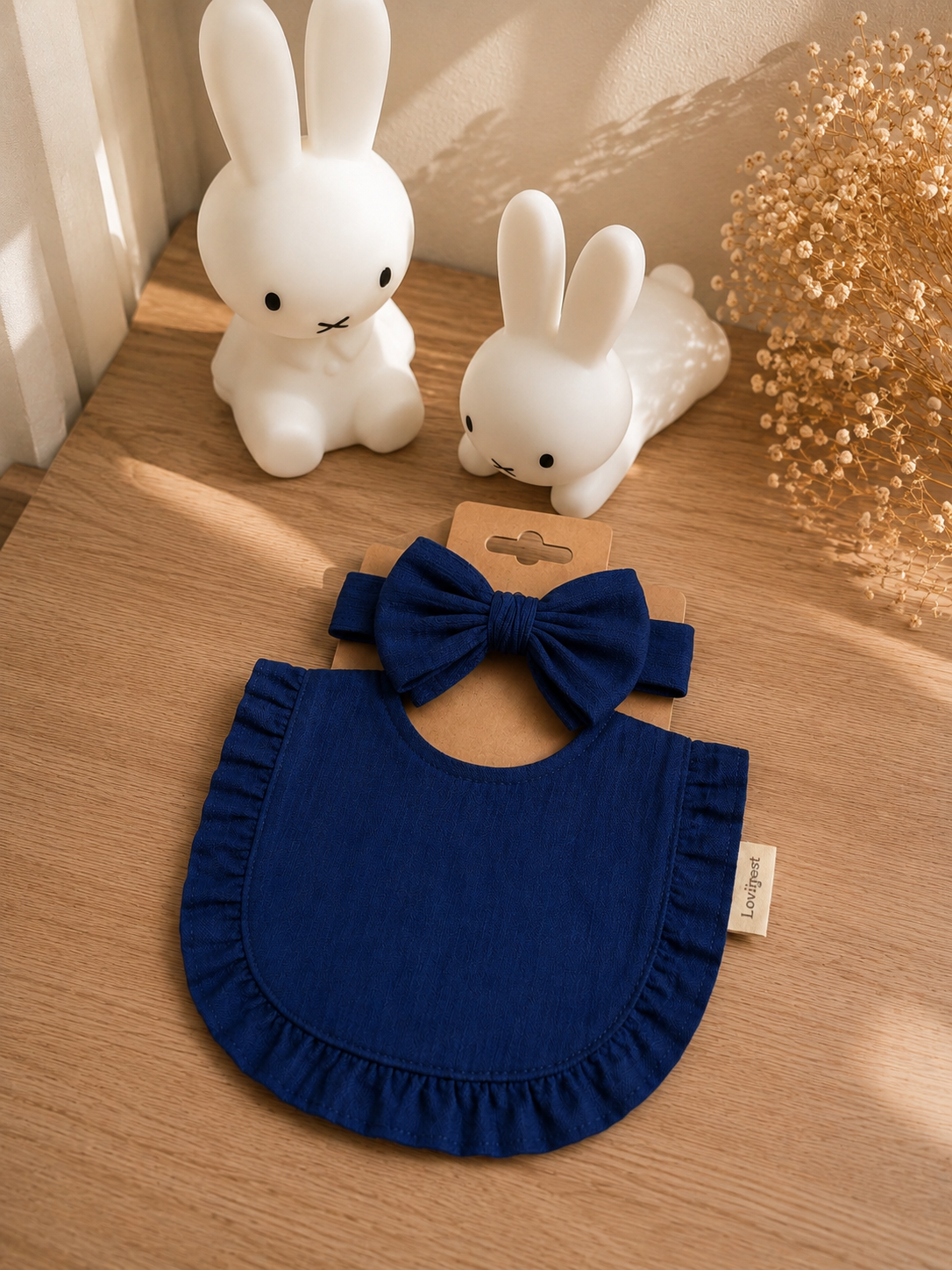 Bavoir bébé gaze de coton bleu marine – bandeau assorti