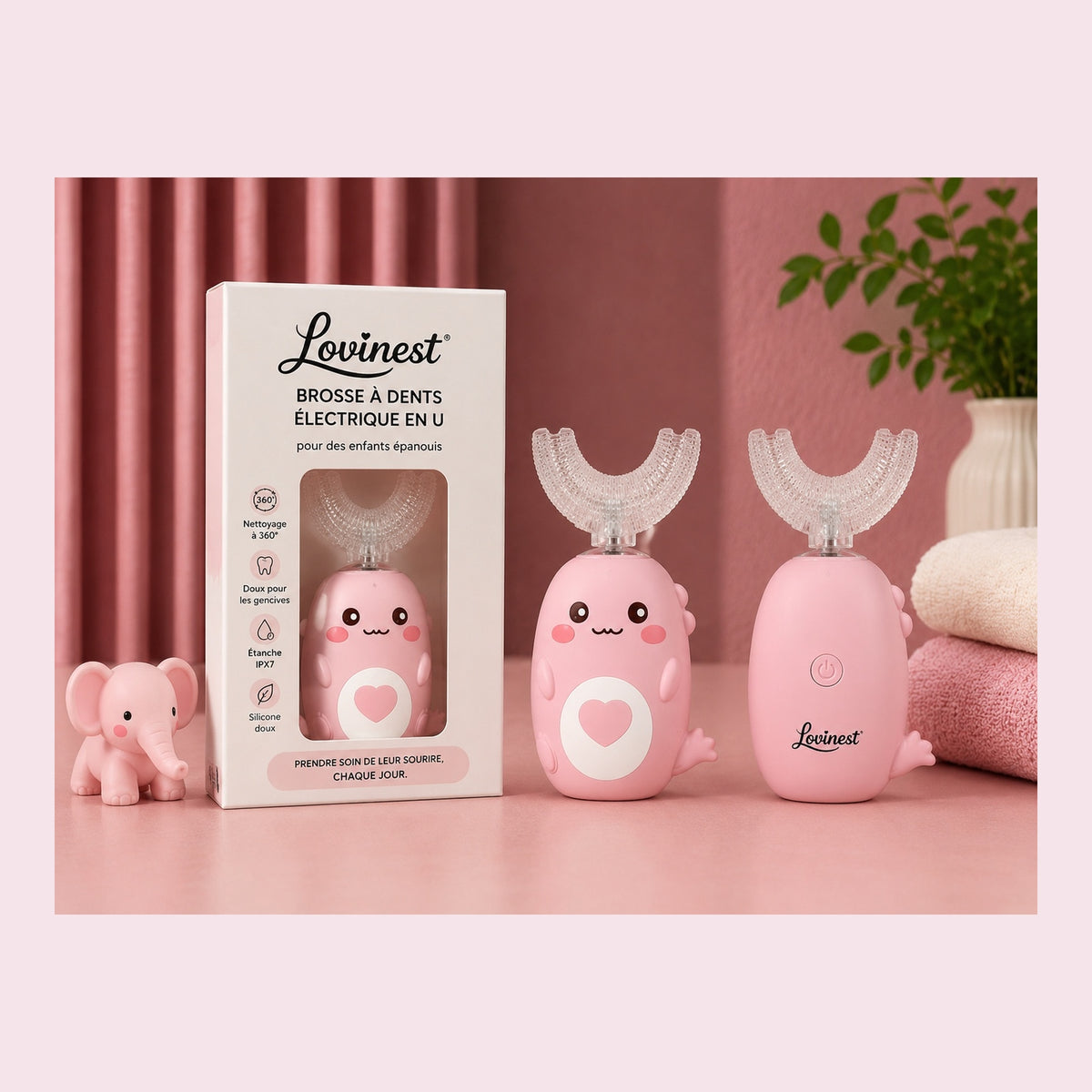 Brosse à dents 360° enfant en U – rose