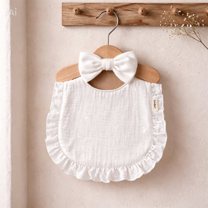 Bavoir bébé gaze de coton blanc – bandeau nœud assorti