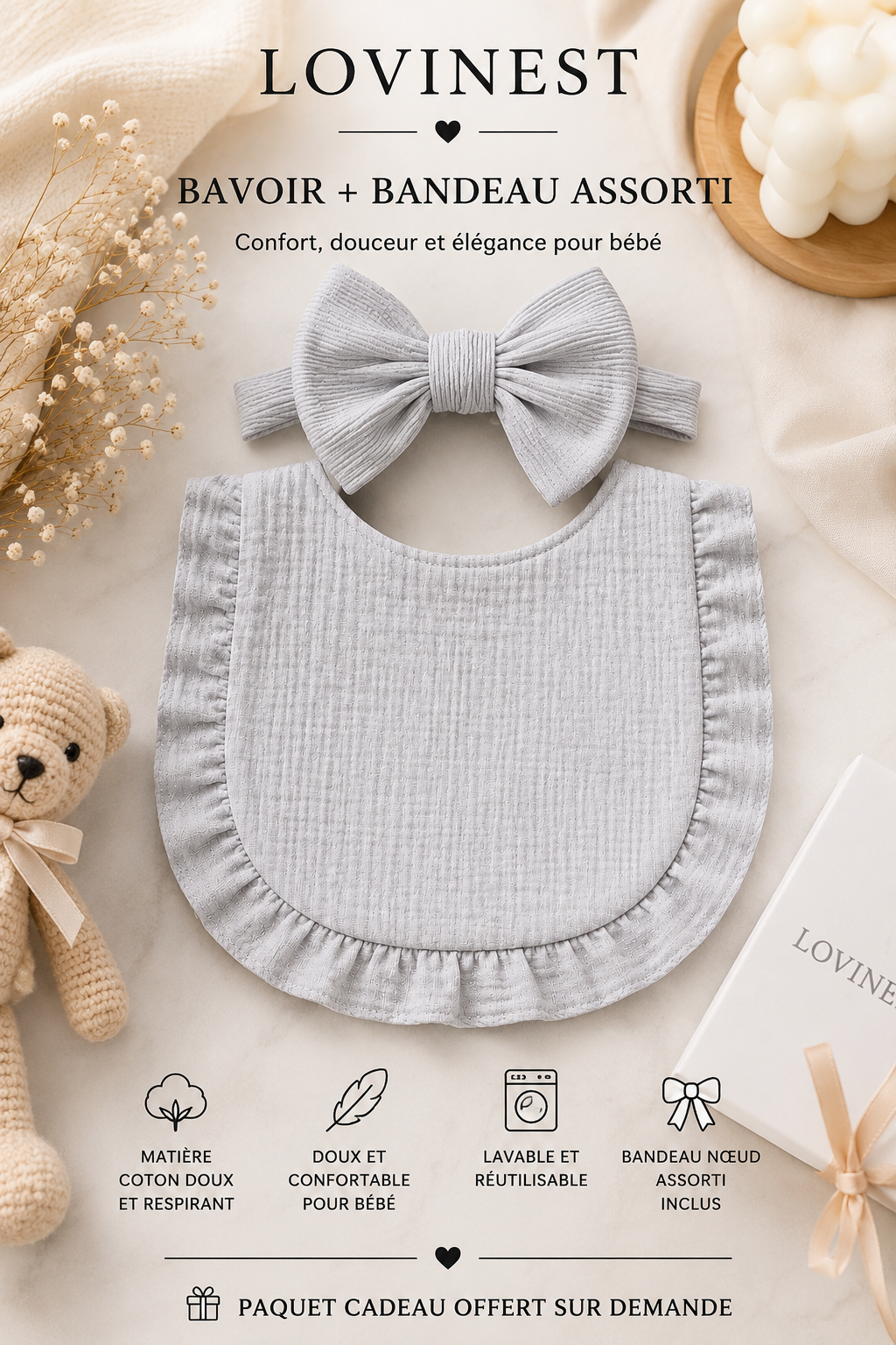 Bavoir bébé gaze de coton gris – bandeau nœud assorti