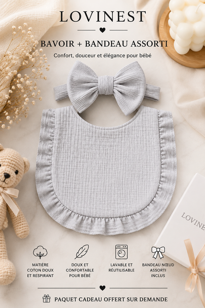 Bavoir bébé gaze de coton gris – bandeau nœud assorti
