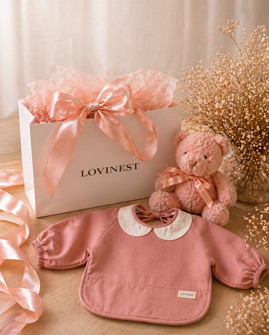 Bavoir bébé manches longues imperméable rose col claudine Lovinest