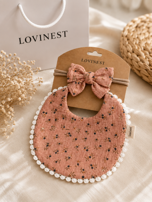 Bavoir bébé terracotta petites fleurs & bandeau assorti -Lovinest