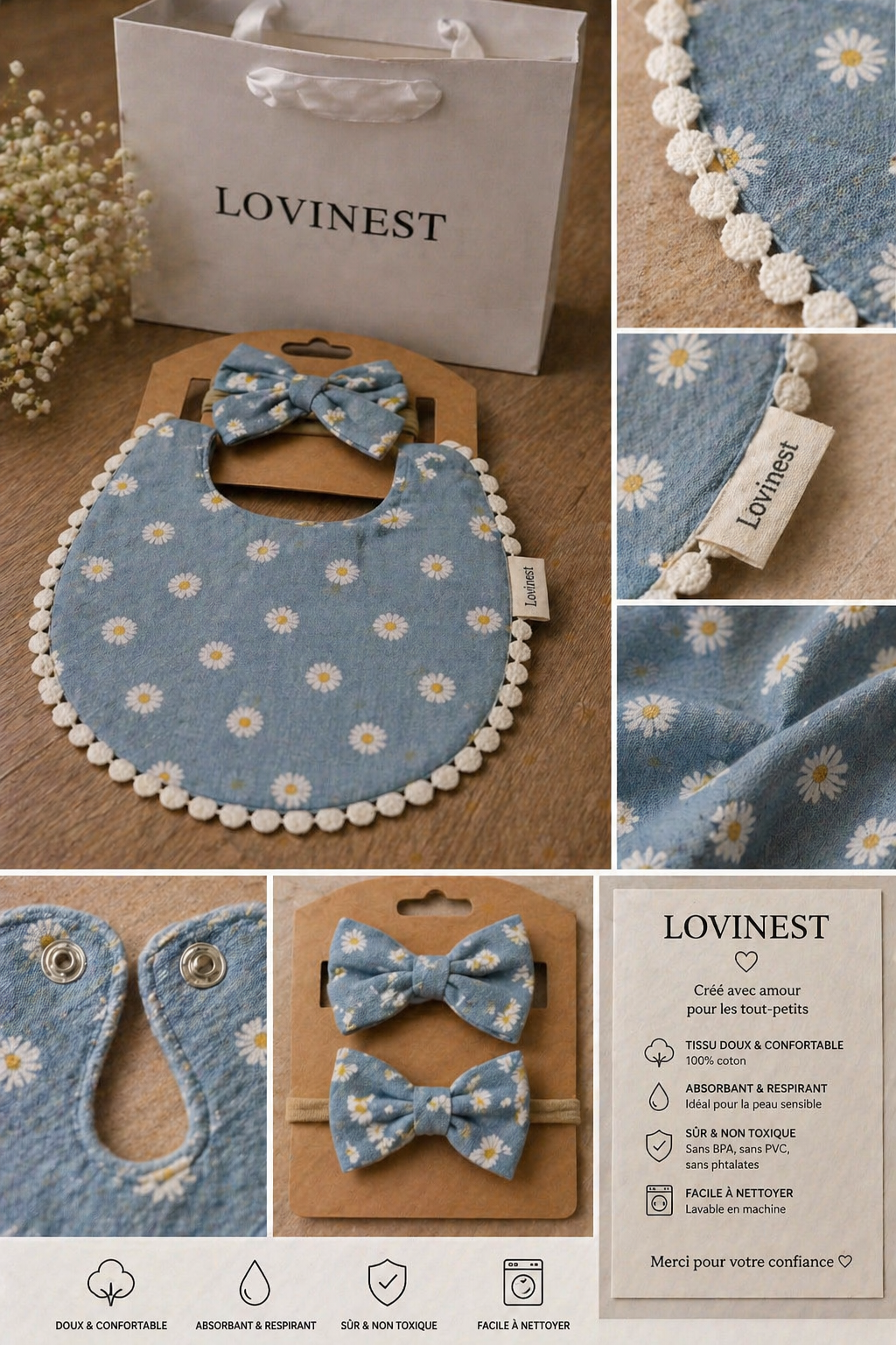 Bavoir bébé bleu marguerites bordure pompom & bandeau assorti -Lovinest