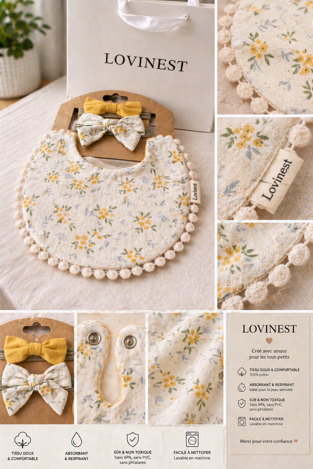 Bavoir bébé fleurs jaunes & bandeau noeud assorti -Lovinest