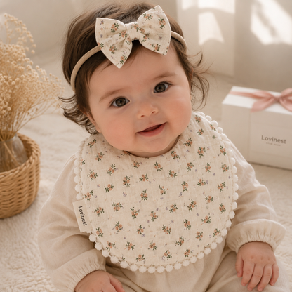 Bavoir bébé gaze de coton à motif floral délicat– bandeau nœud assorti