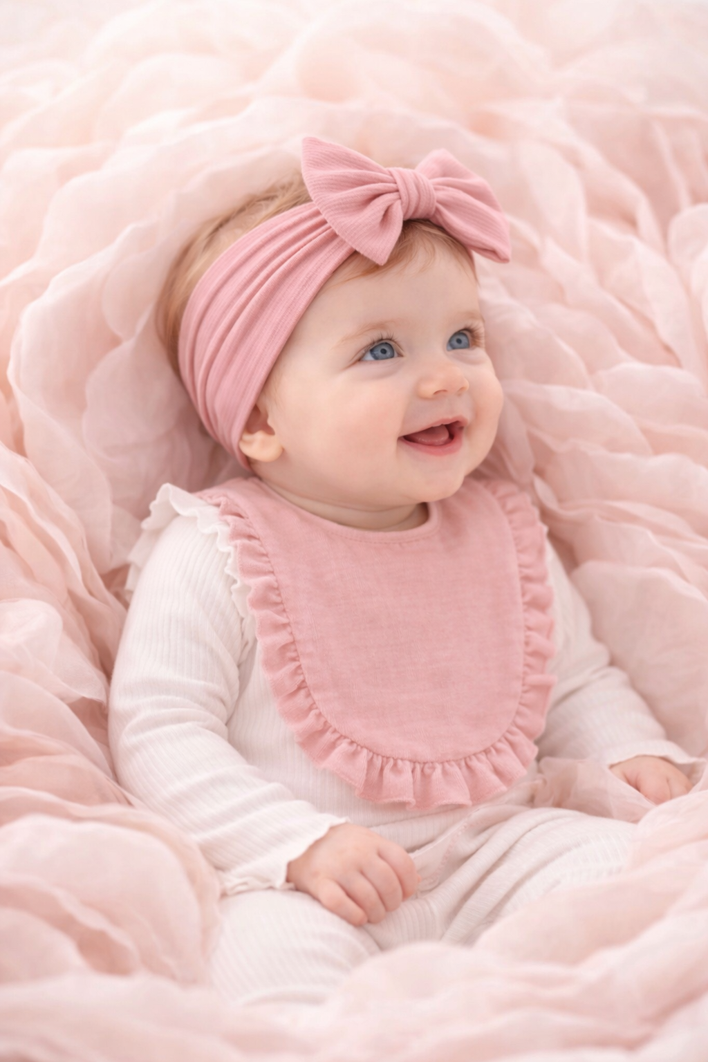 Bavoir bébé rose gaze de coton & bandeau noeud assorti -Lovinest