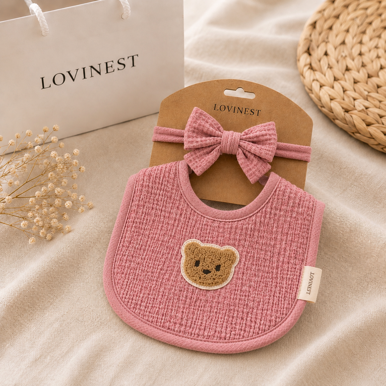 Bavoir bébé rose gaze de coton ourson & bandeau assorti -Lovinest