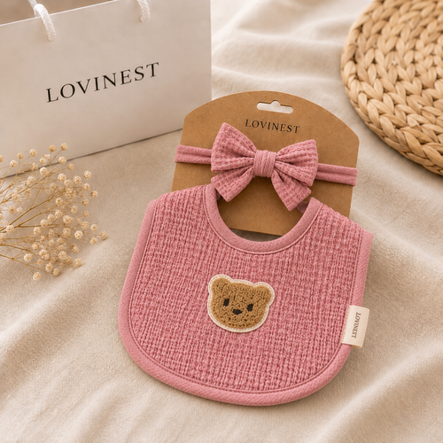 Bavoir bébé rose gaze de coton ourson & bandeau assorti -Lovinest