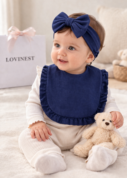 Bavoir bébé gaze de coton bleu marine – bandeau assorti