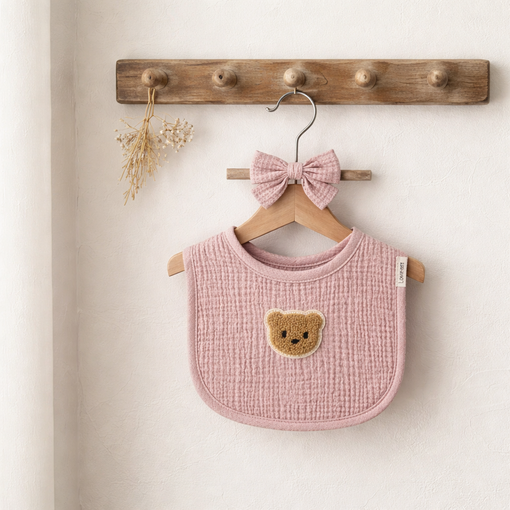 Bavoir bébé gaze de coton rose ourson – bandeau assorti