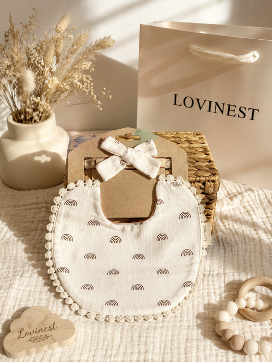 Bavoir bébé écru motif arc-en-ciel & bandeau assorti -Lovinest
