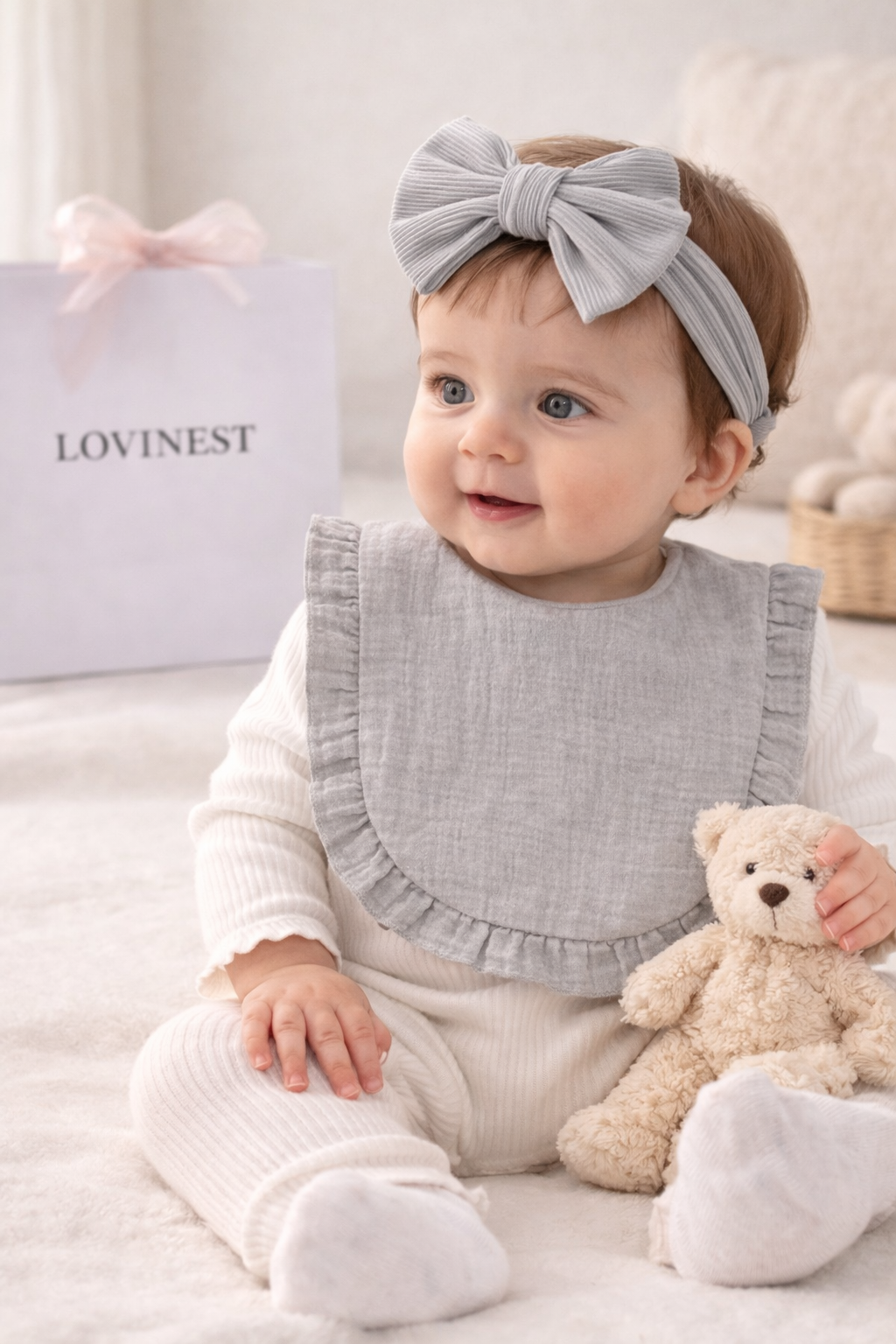 Bavoir bébé gaze de coton gris – bandeau nœud assorti
