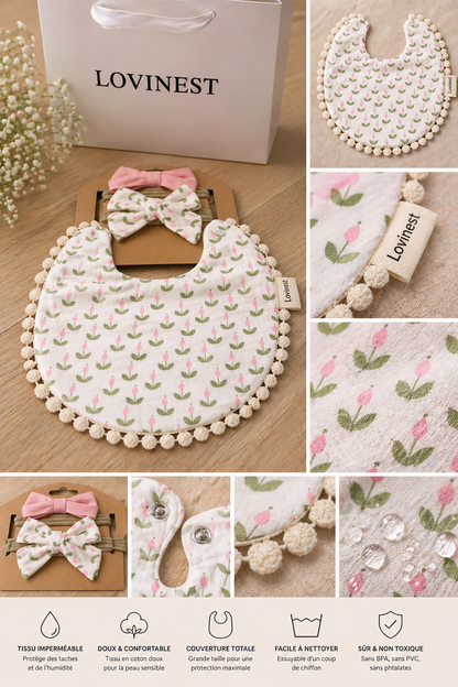 Bavoir bébé blanc et tulipes & bandeau noeud assorti-Lovinest