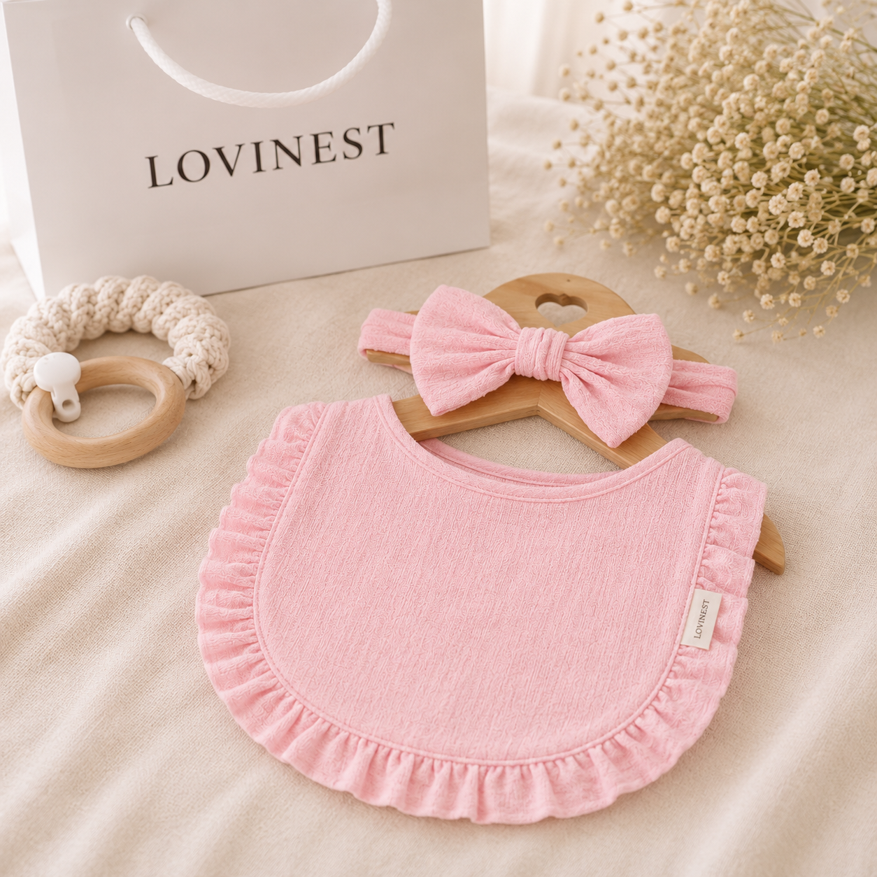 Bavoir bébé rose gaze de coton & bandeau noeud assorti -Lovinest