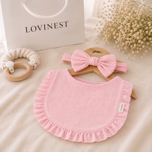 Bavoir bébé rose gaze de coton & bandeau noeud assorti -Lovinest