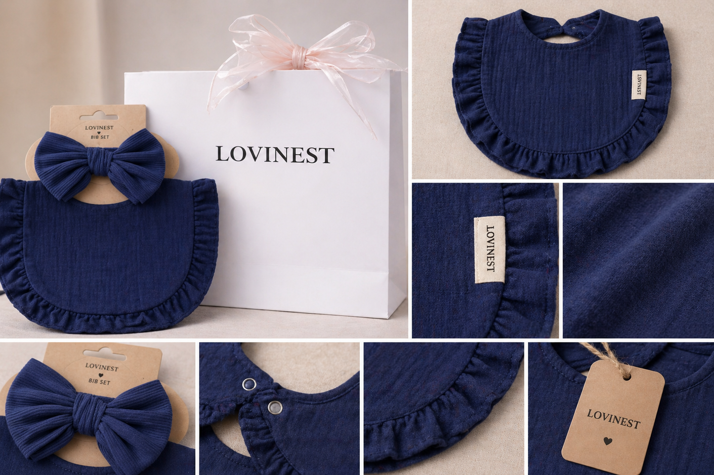 Bavoir bébé gaze de coton bleu marine – bandeau assorti