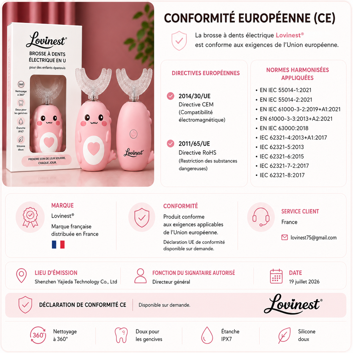 Brosse à dents 360° enfant en U – rose