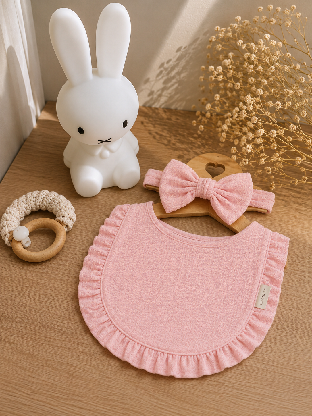 Bavoir bébé gaze de coton rose – bandeau nœud assorti