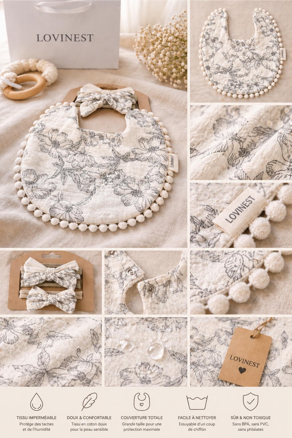 Bavoir bébé blanc motif floral gris & bandeau assorti -Lovinest