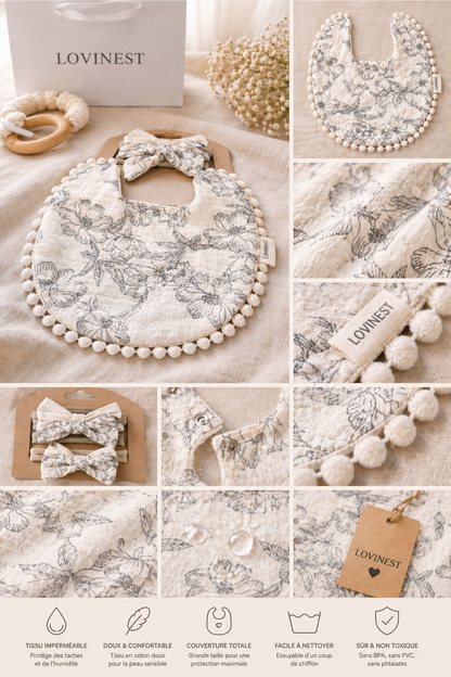 Bavoir bébé blanc motif floral gris & bandeau assorti -Lovinest