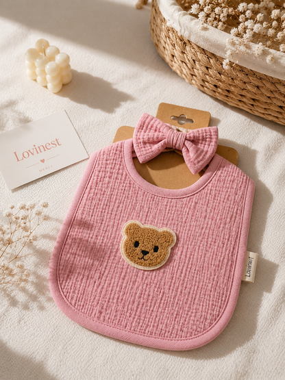 Bavoir bébé gaze de coton rose ourson – bandeau assorti